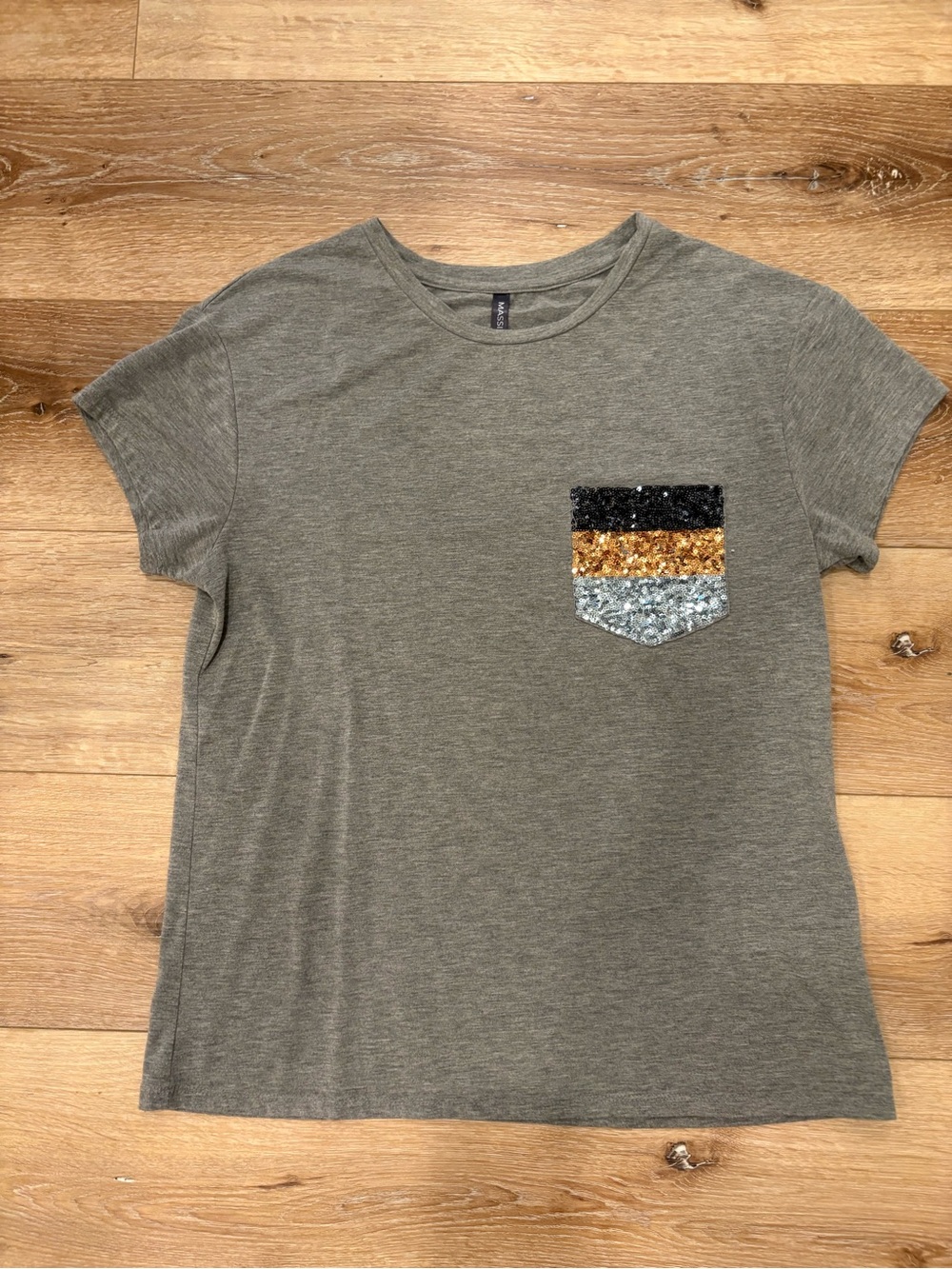 Women’s Massini Sequin Pocket Tee - Gray with Black, Gold & Silver Stripes-Med